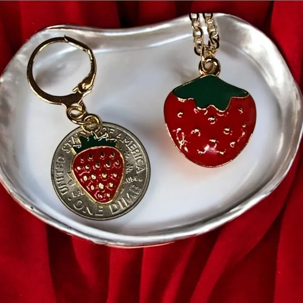 Girls Red Seeded Strawberry Jewelry Set Necklace Pierced Earrings Leverback Hoop